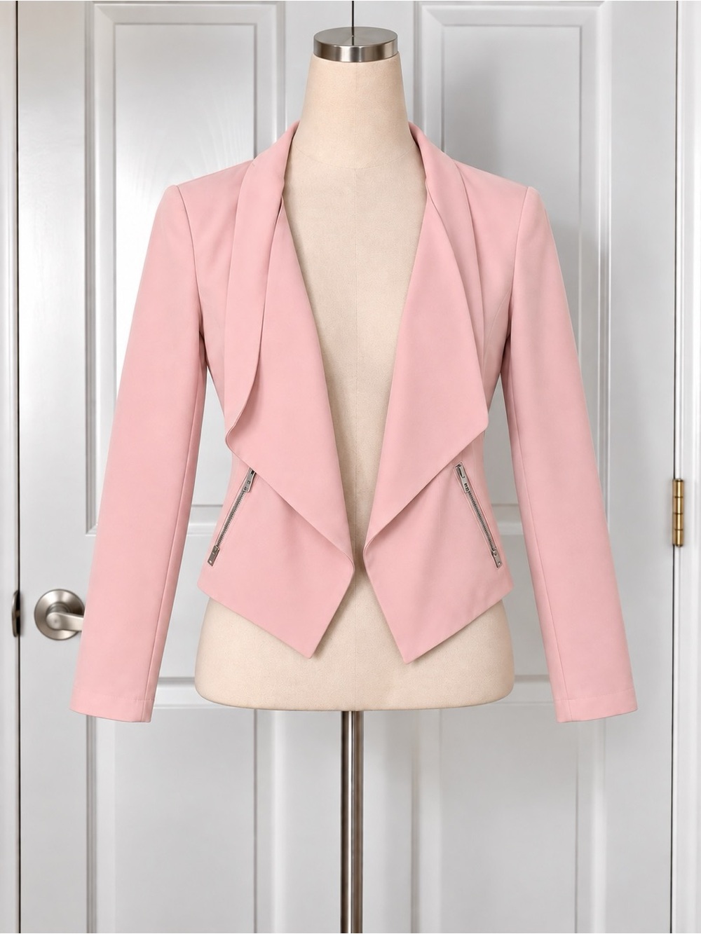 H&M Divided Women’s Pink Open Front Blazer Jacket Zipper Pockets Satin Lined 12
